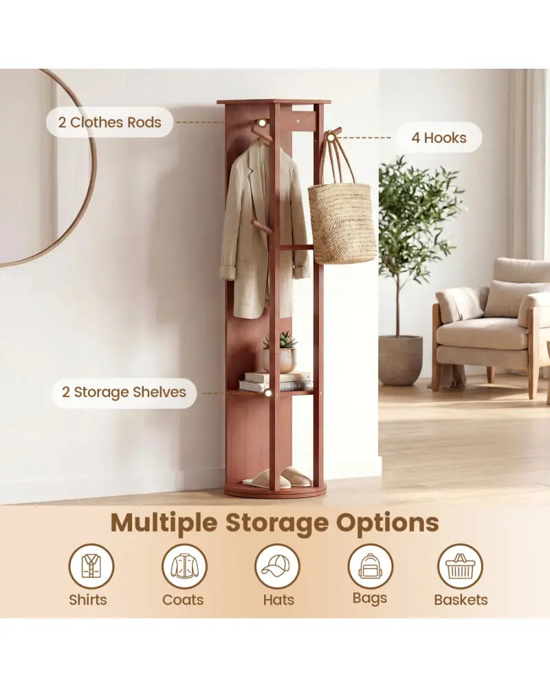 Full Length Mirror Coat Rack Solid Wood Standing Mirror-Walnut - Walnut - Coat Racks & Hall Trees
