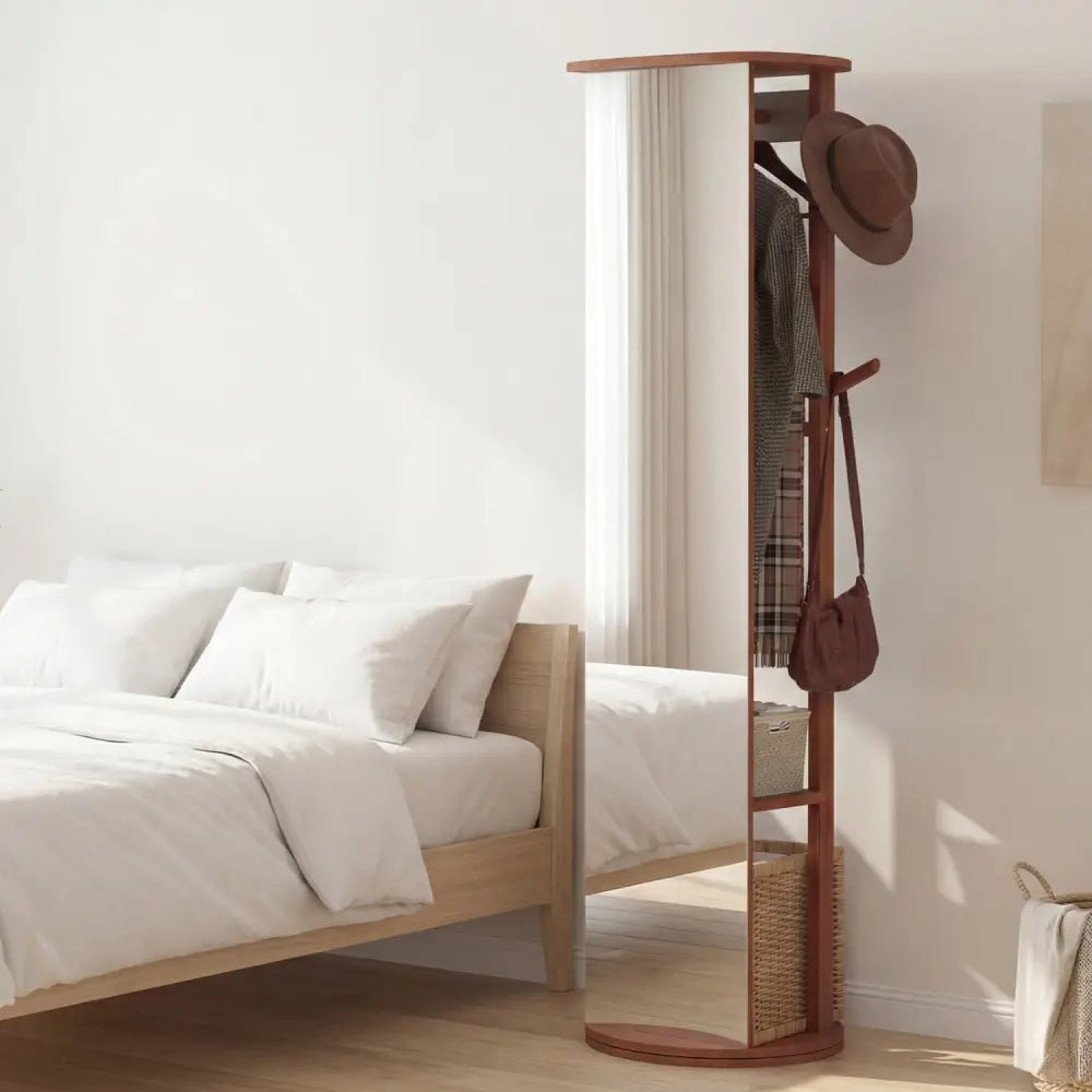 Full Length Mirror Coat Rack Solid Wood Standing Mirror-Walnut - Walnut - Coat Racks & Hall Trees