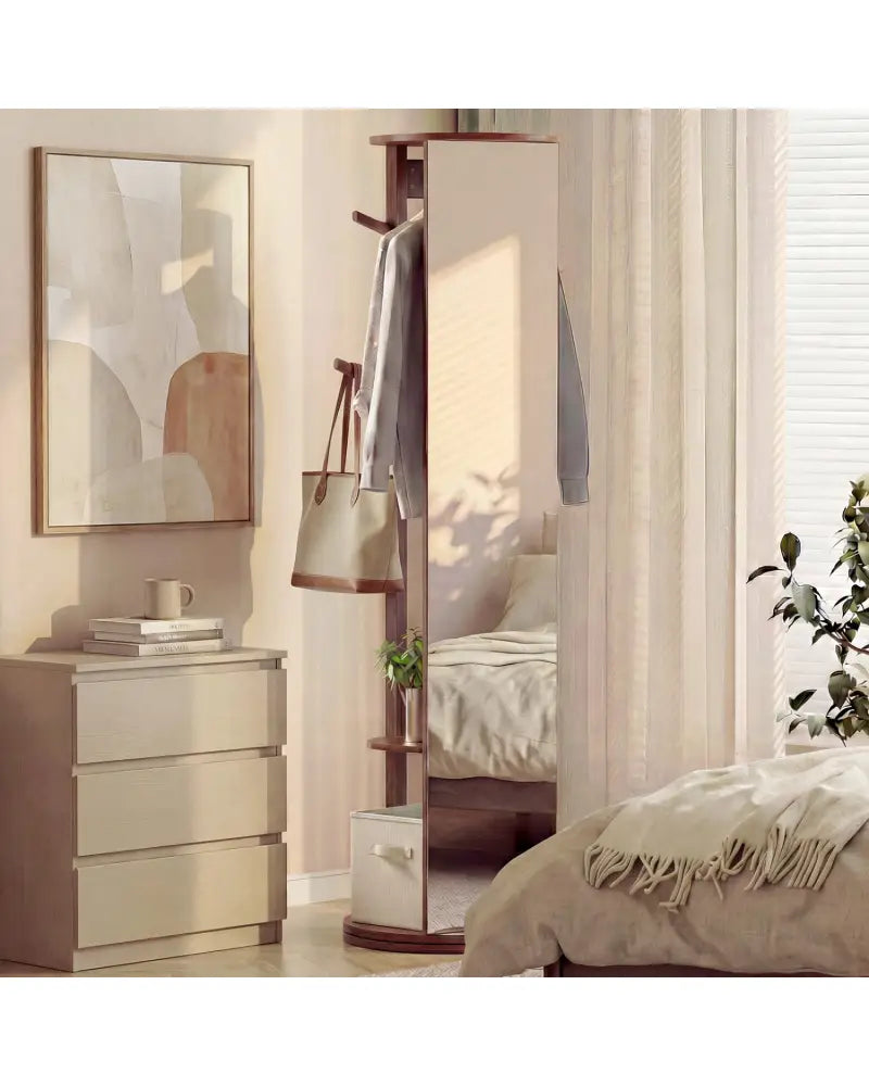 Full Length Mirror Coat Rack Solid Wood Standing Mirror-Walnut - Walnut - Coat Racks & Hall Trees