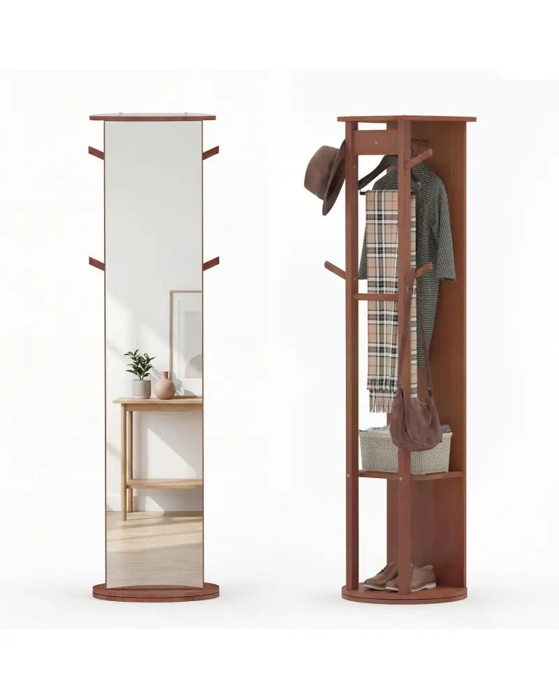 Full Length Mirror Coat Rack Solid Wood Standing Mirror-Walnut - Walnut - Coat Racks & Hall Trees