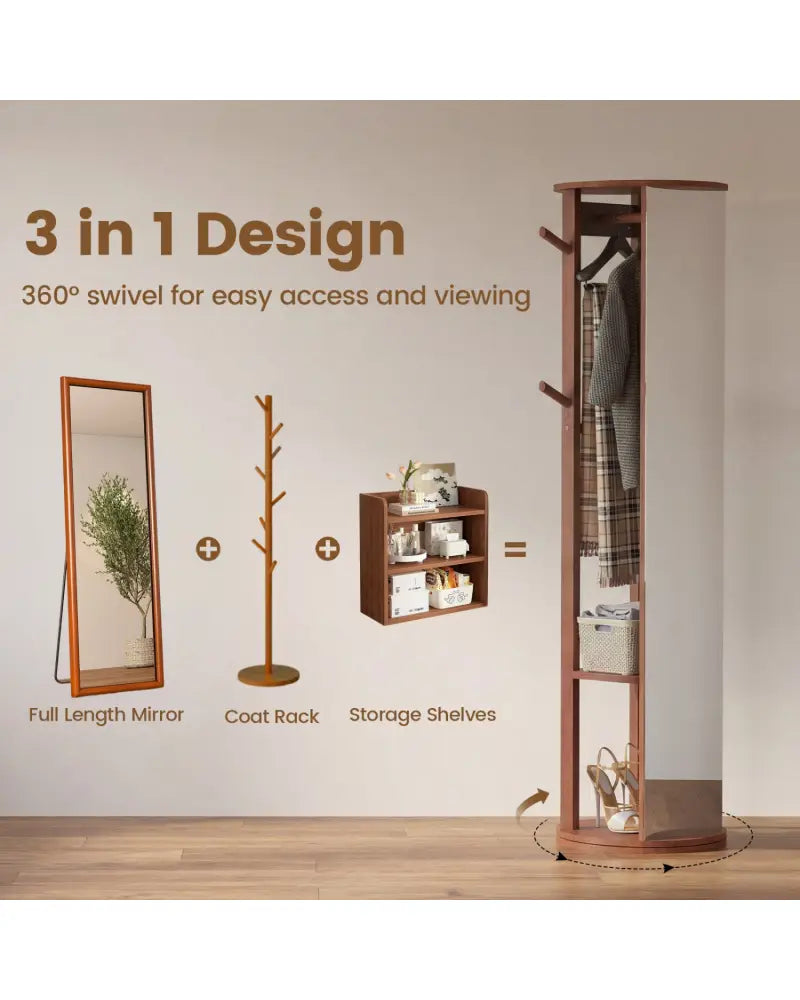 Full Length Mirror Coat Rack Solid Wood Standing Mirror-Walnut - Walnut - Coat Racks & Hall Trees