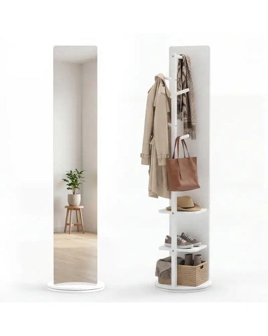 Full Length Mirror Coat Rack Swivel Floor Mirror for Bedroom-White - White - Coat Racks & Hall Trees