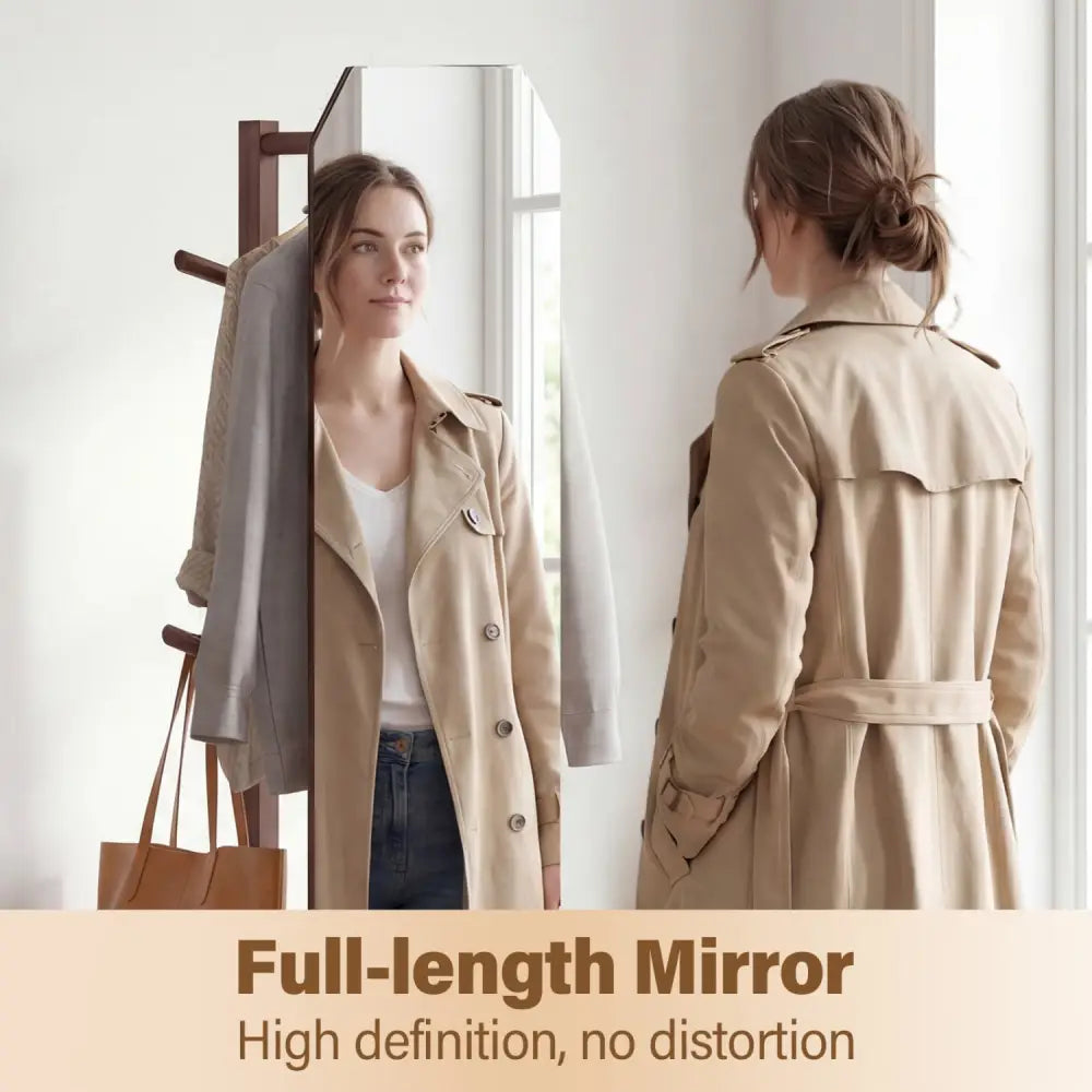 Full Length Mirror Coat Rack with Clothes Hanger for Bedroom-Walnut - Walnut - Coat Racks & Hall Trees