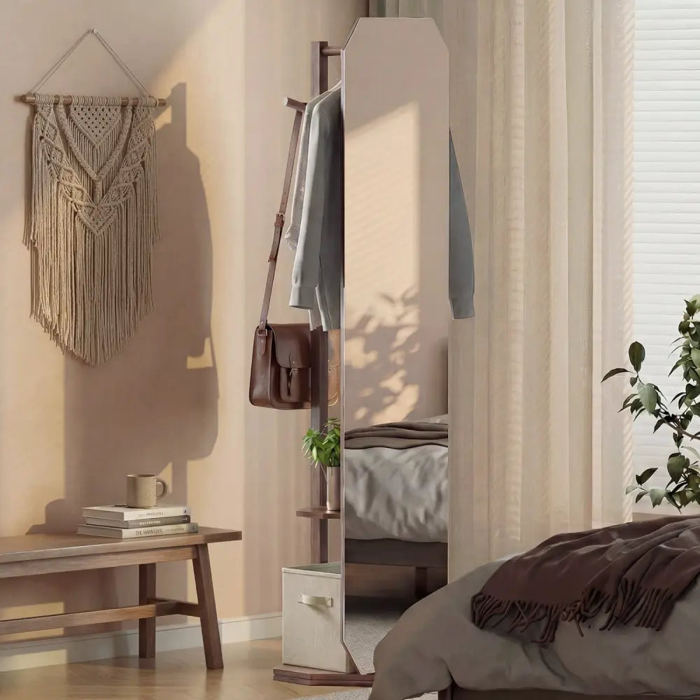 Full Length Mirror Coat Rack with Clothes Hanger for Bedroom-Walnut - Walnut - Coat Racks & Hall Trees