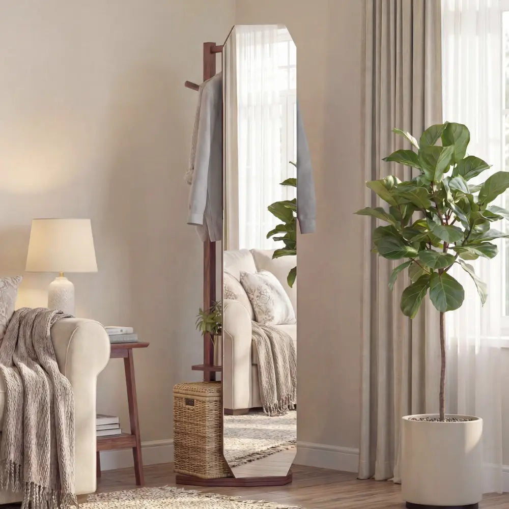 Full Length Mirror Coat Rack with Clothes Hanger for Bedroom-Walnut - Walnut - Coat Racks & Hall Trees