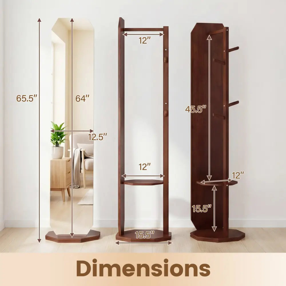 Full Length Mirror Coat Rack with Clothes Hanger for Bedroom-Walnut - Walnut - Coat Racks & Hall Trees