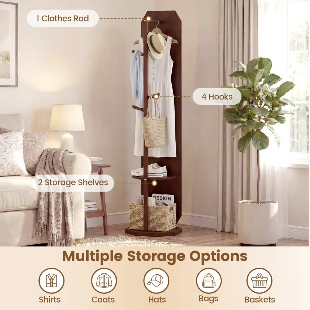 Full Length Mirror Coat Rack with Clothes Hanger for Bedroom-Walnut - Walnut - Coat Racks & Hall Trees