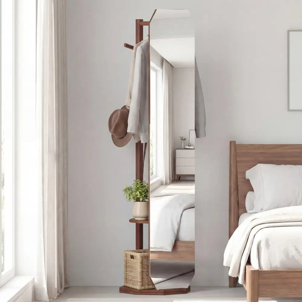 Full Length Mirror Coat Rack with Clothes Hanger for Bedroom-Walnut - Walnut - Coat Racks & Hall Trees