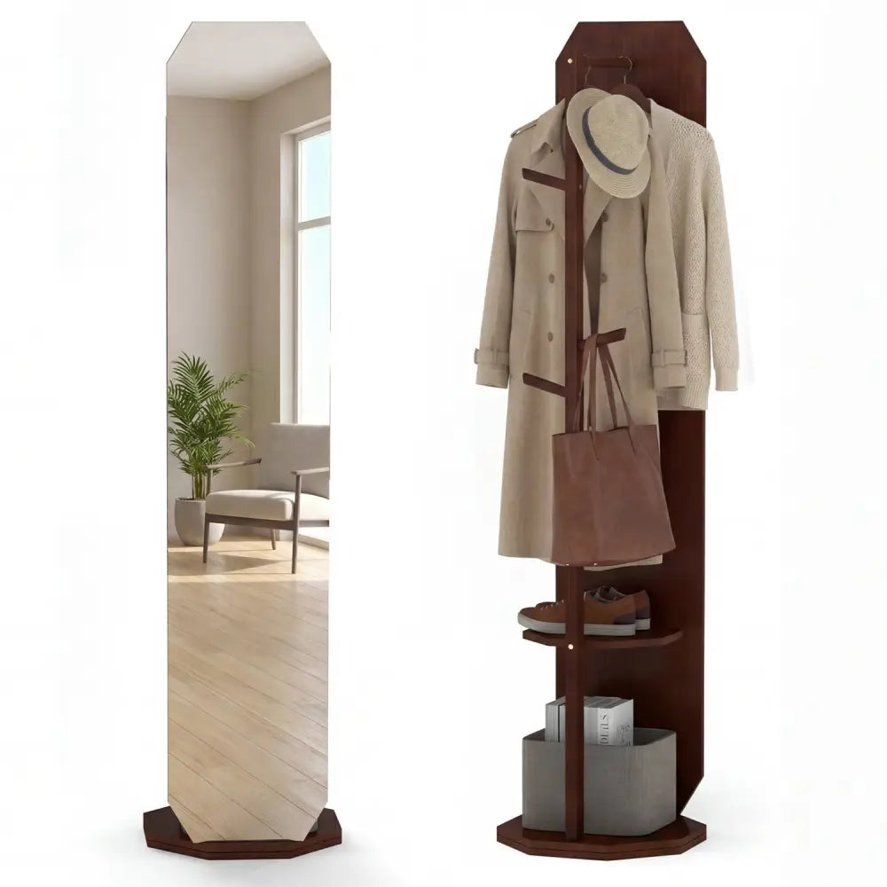 Full Length Mirror Coat Rack with Clothes Hanger for Bedroom-Walnut - Walnut - Coat Racks & Hall Trees