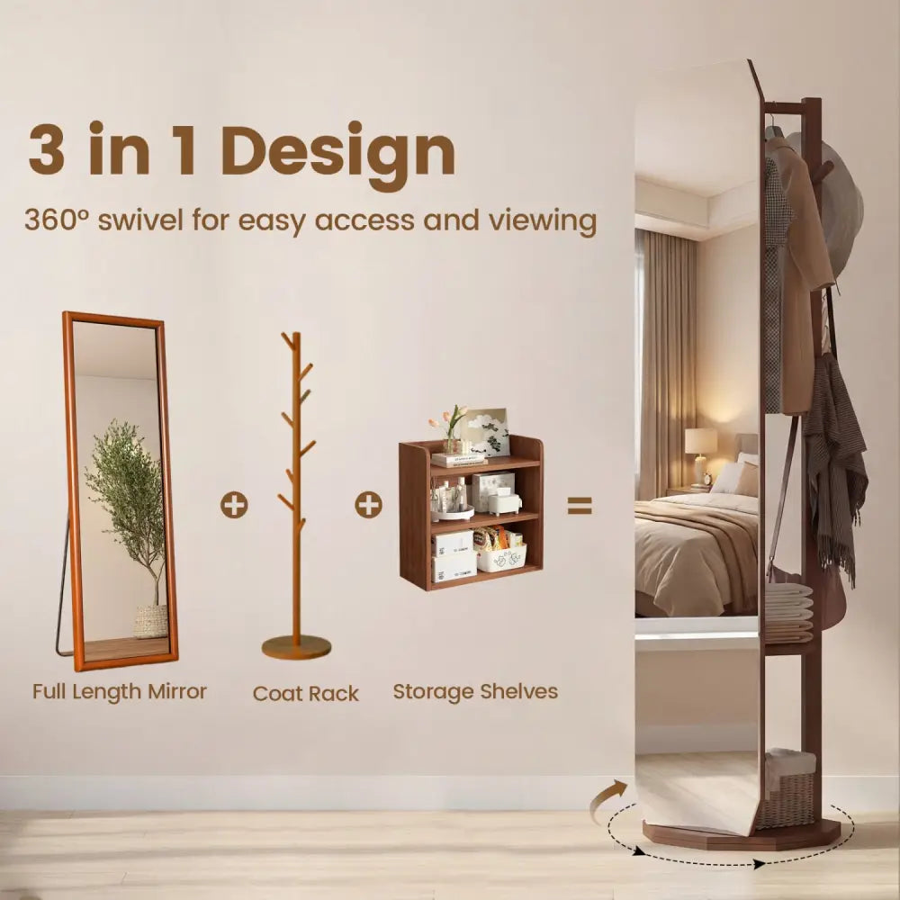 Full Length Mirror Coat Rack with Clothes Hanger for Bedroom-Walnut - Walnut - Coat Racks & Hall Trees