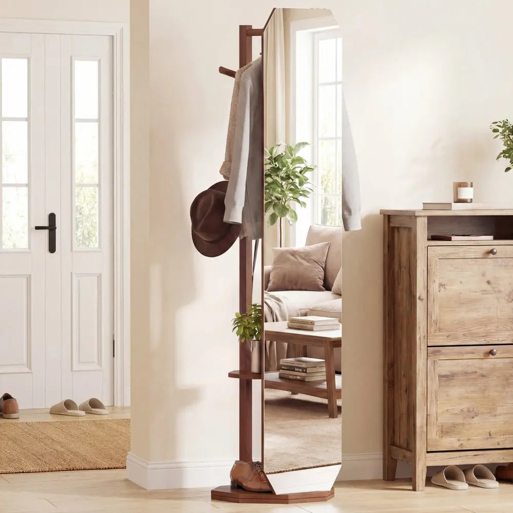 Full Length Mirror Coat Rack with Clothes Hanger for Bedroom-Walnut - Walnut - Coat Racks & Hall Trees