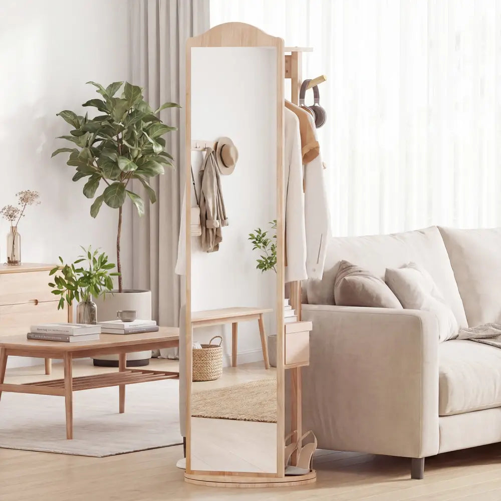 Full Length Mirror Coat Rack with Storage Shelves and Hooks-Natural - Natural - Coat Racks & Hall Trees