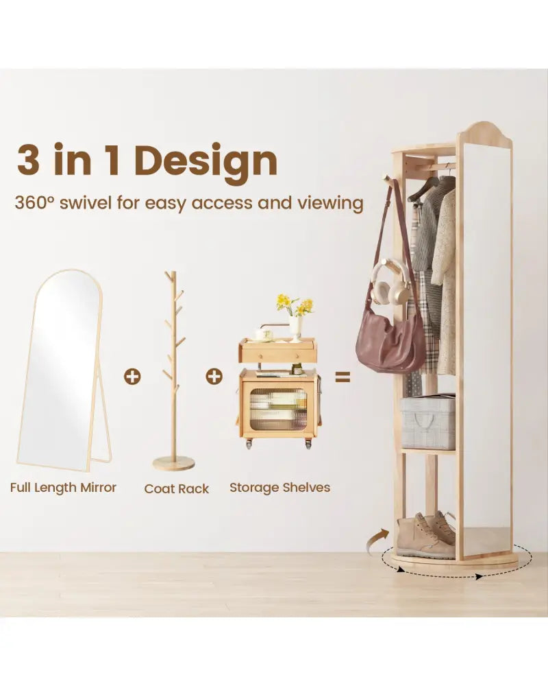 Full Length Mirror Coat Rack with Storage Shelves and Hooks-Natural - Natural - Coat Racks & Hall Trees
