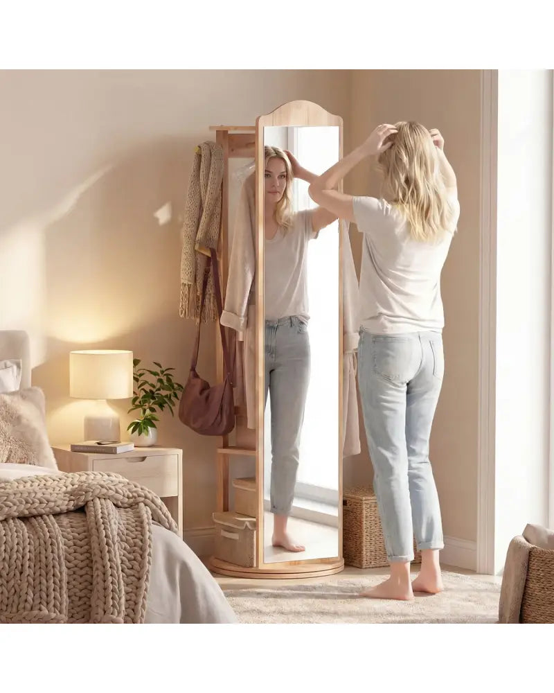 Full Length Mirror Coat Rack with Storage Shelves and Hooks-Natural - Natural - Coat Racks & Hall Trees