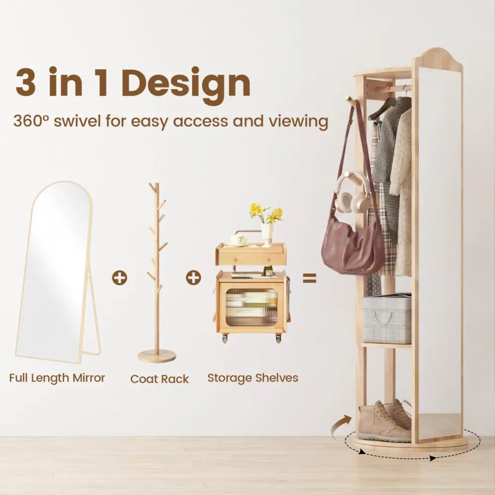 Full Length Mirror Coat Rack with Storage Shelves and Hooks-Natural - Natural - Coat Racks & Hall Trees