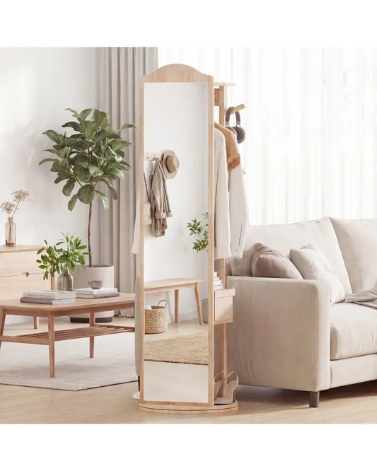 Full Length Mirror Coat Rack with Storage Shelves and Hooks-Natural - Natural - Coat Racks & Hall Trees