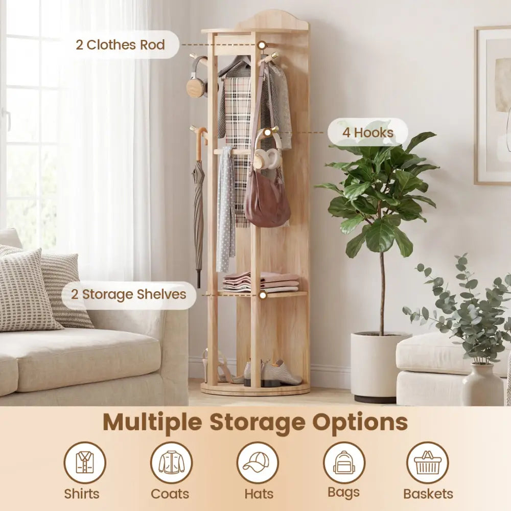 Full Length Mirror Coat Rack with Storage Shelves and Hooks-Natural - Natural - Coat Racks & Hall Trees