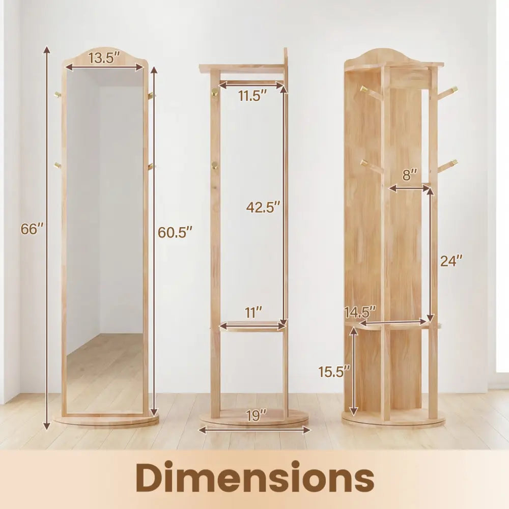 Full Length Mirror Coat Rack with Storage Shelves and Hooks-Natural - Natural - Coat Racks & Hall Trees