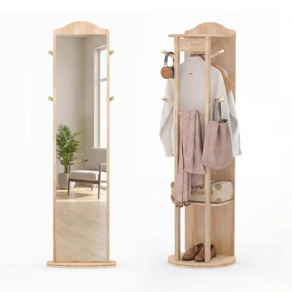 Full Length Mirror Coat Rack with Storage Shelves and Hooks-Natural - Natural - Coat Racks & Hall Trees