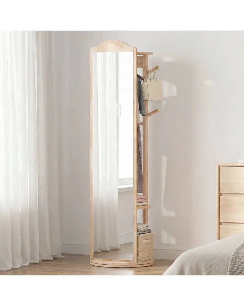 Full Length Mirror Coat Rack with Storage Shelves and Hooks-Natural - Natural - Coat Racks & Hall Trees