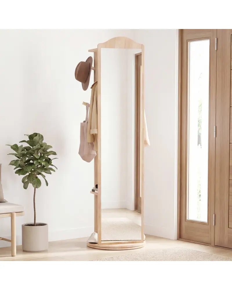 Full Length Mirror Coat Rack with Storage Shelves and Hooks-Natural - Natural - Coat Racks & Hall Trees