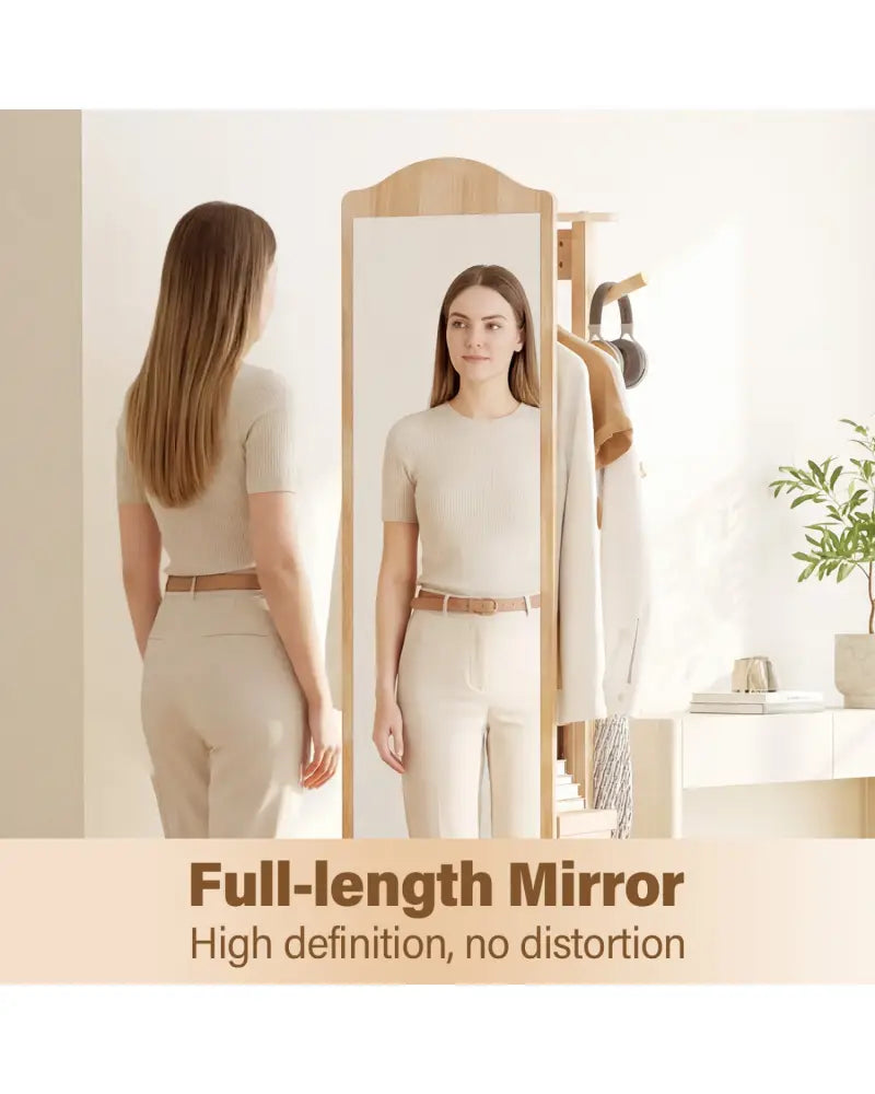 Full Length Mirror Coat Rack with Storage Shelves and Hooks-Natural - Natural - Coat Racks & Hall Trees