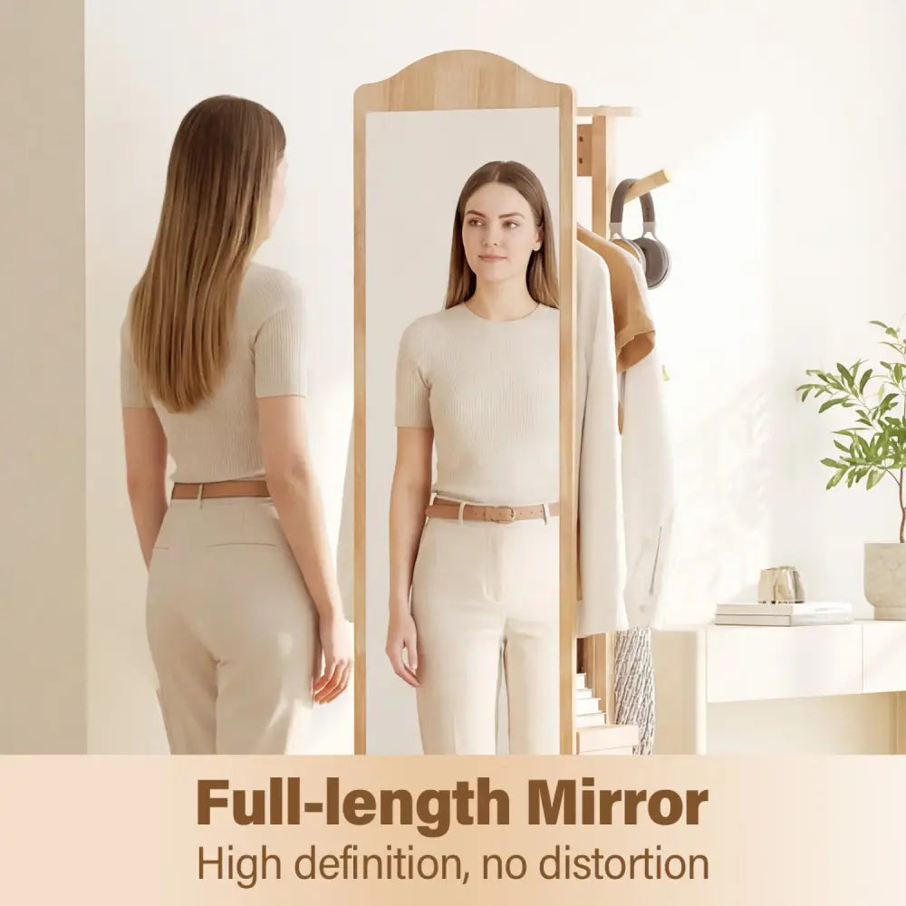Full Length Mirror Coat Rack with Storage Shelves and Hooks-Natural - Natural - Coat Racks & Hall Trees