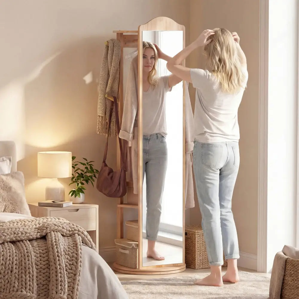 Full Length Mirror Coat Rack with Storage Shelves and Hooks-Natural - Natural - Coat Racks & Hall Trees