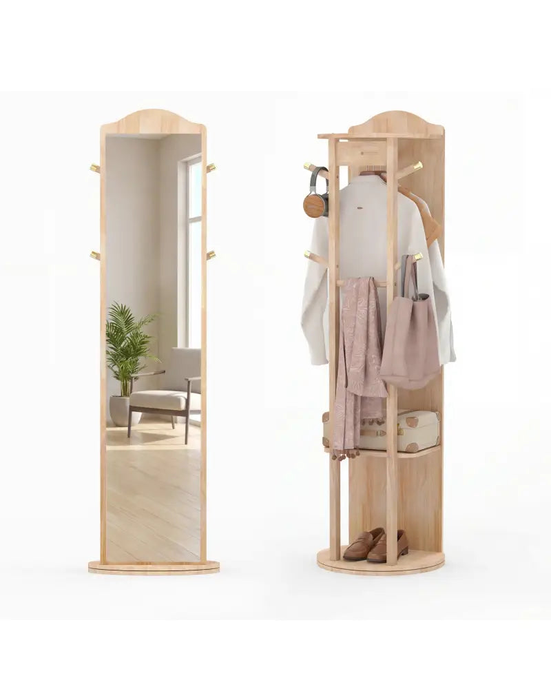 Full Length Mirror Coat Rack with Storage Shelves and Hooks-Natural - Natural - Coat Racks & Hall Trees