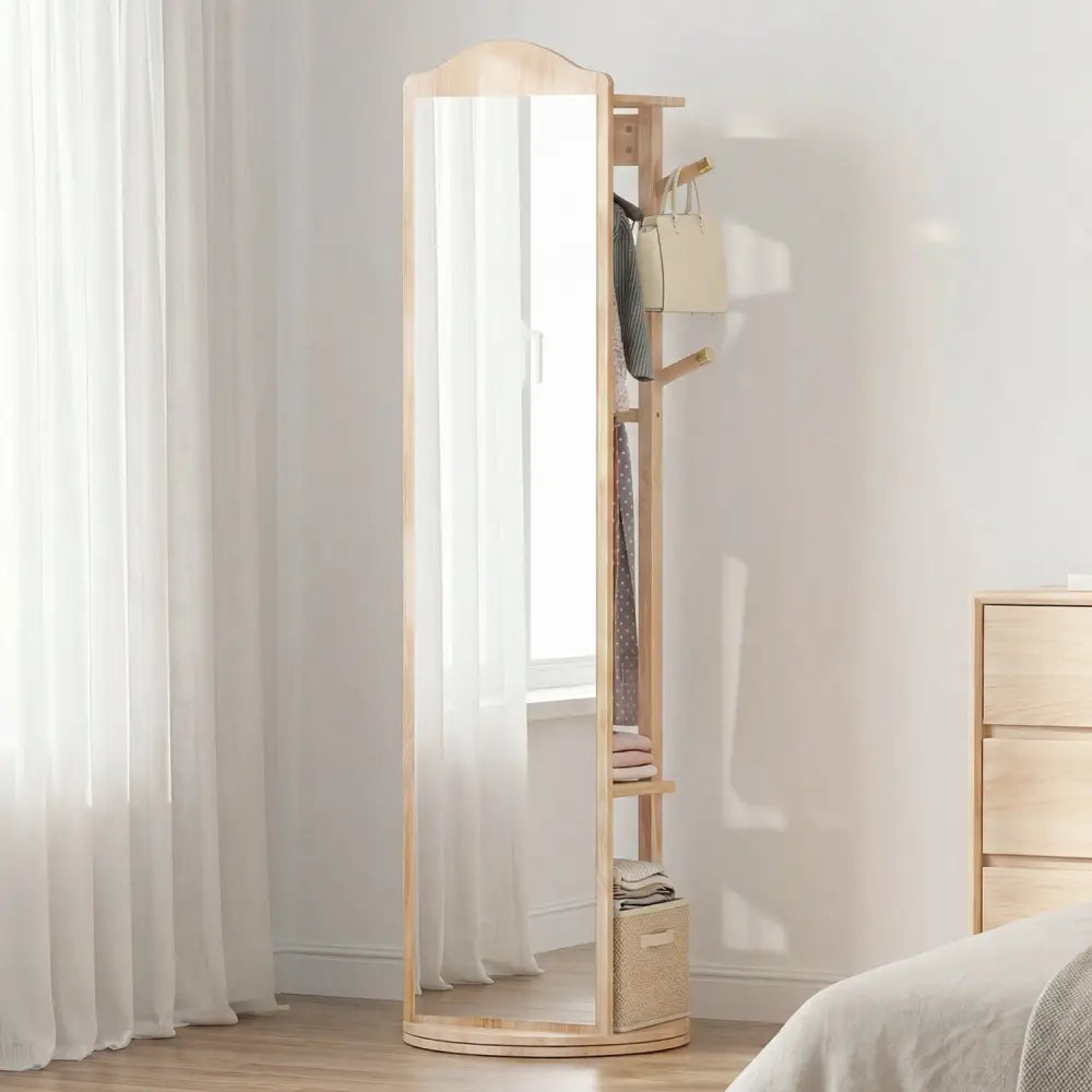 Full Length Mirror Coat Rack with Storage Shelves and Hooks-Natural - Natural - Coat Racks & Hall Trees