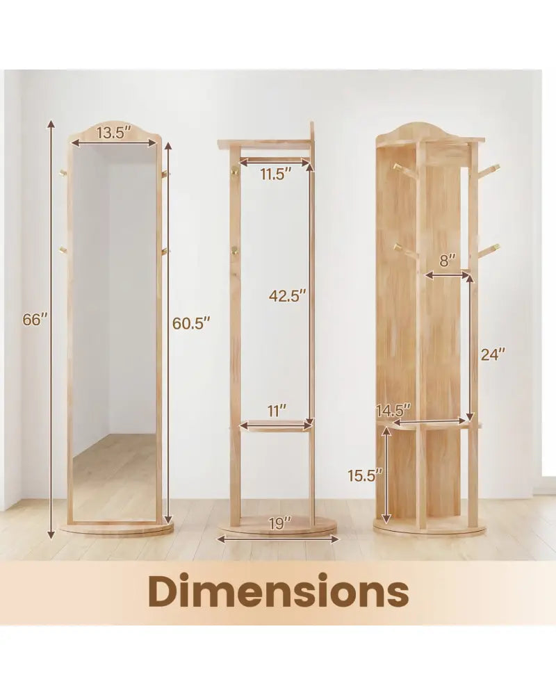 Full Length Mirror Coat Rack with Storage Shelves and Hooks-Natural - Natural - Coat Racks & Hall Trees