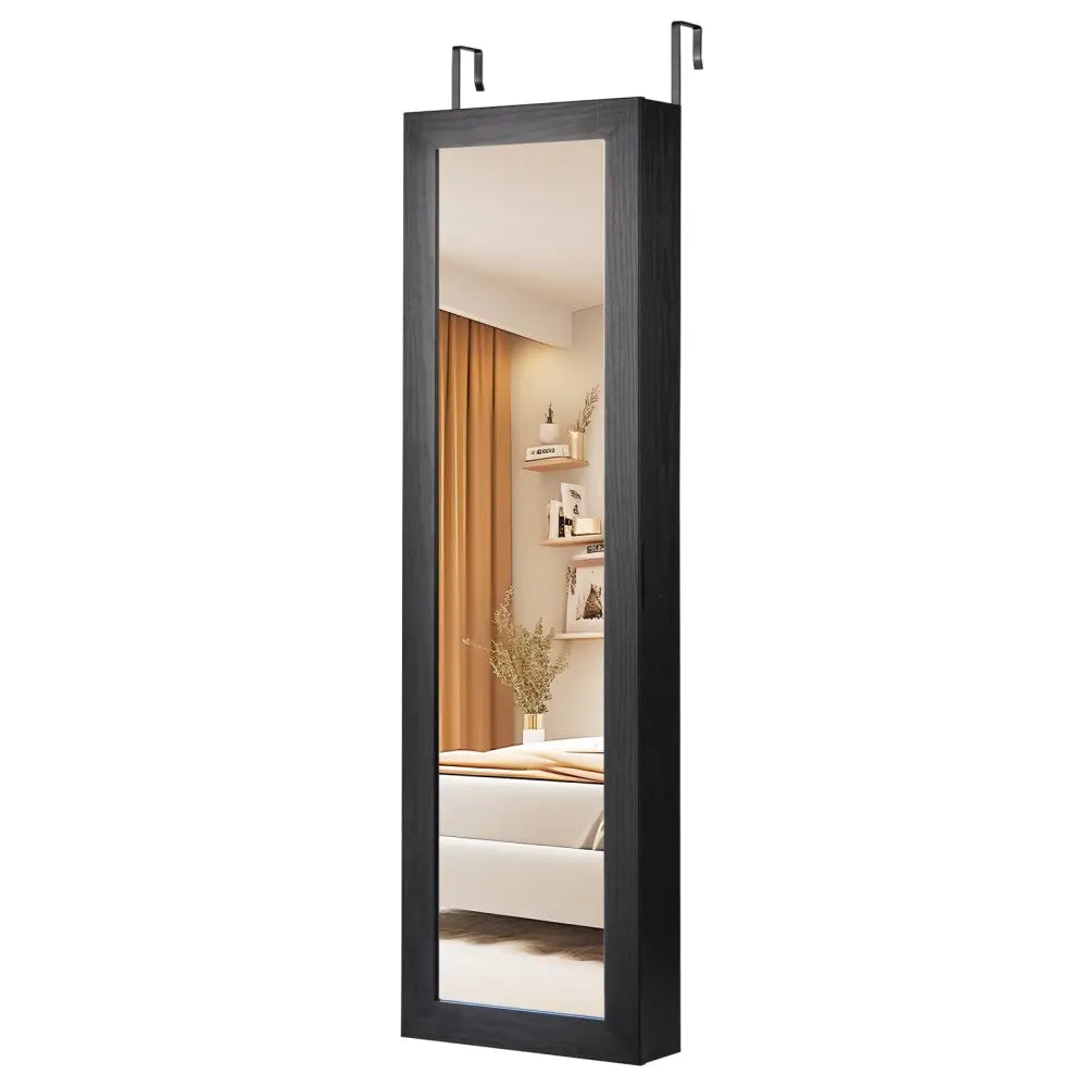 Full Length Mirror Jewelry Cabinet with Ring Slots and Necklace Hooks-Black - Black - Jewelry Armoires