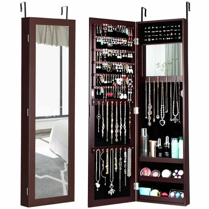 Full Length Mirror Jewelry Cabinet with Ring Slots and Necklace Hooks-Dark Brown - Dark Brown - Jewelry Armoires