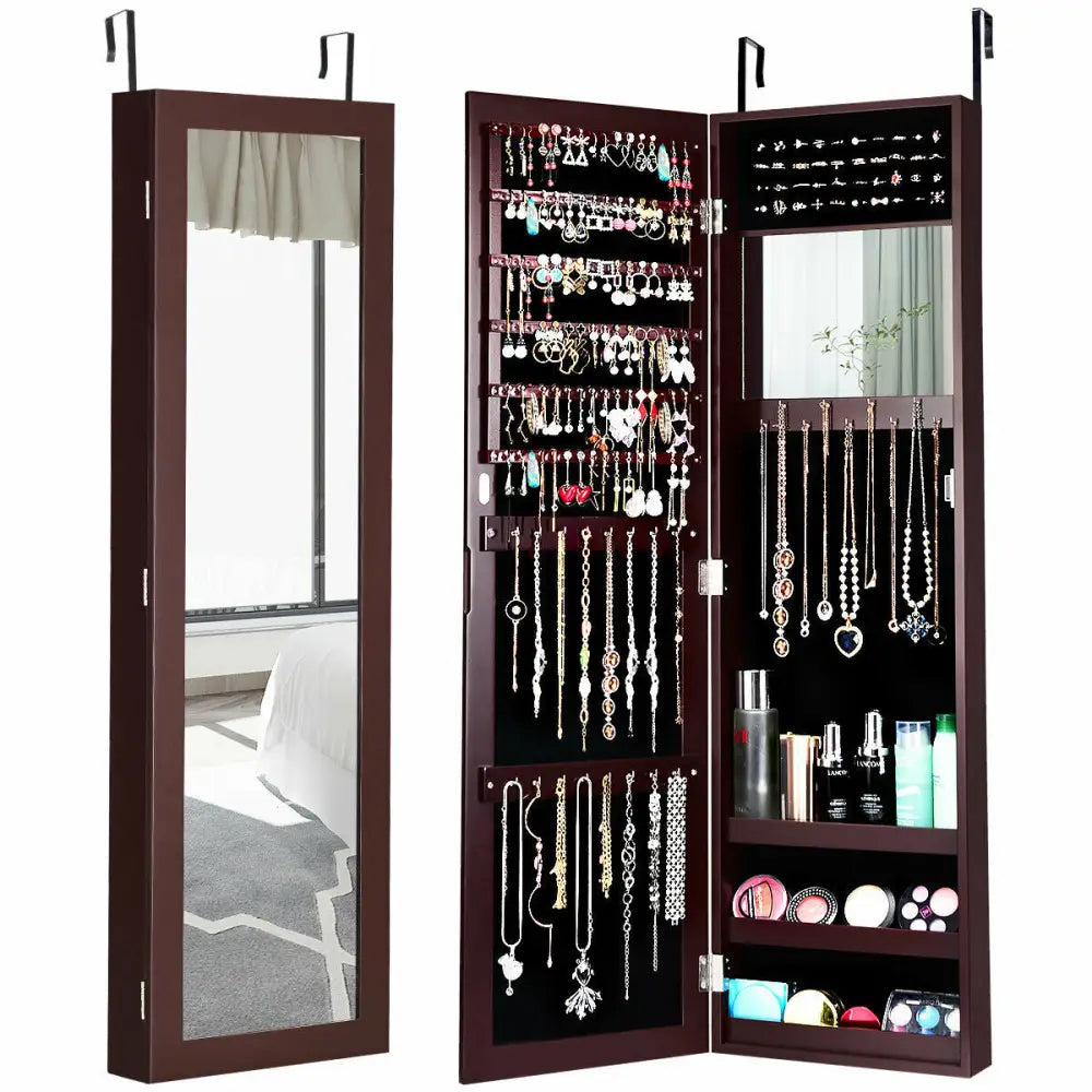 Full Length Mirror Jewelry Cabinet with Ring Slots and Necklace Hooks-Dark Brown - Dark Brown - Jewelry Armoires