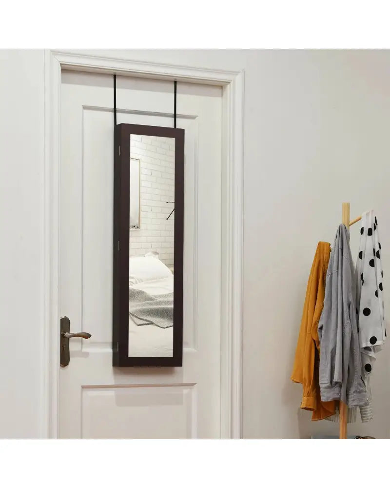 Full Length Mirror Jewelry Cabinet with Ring Slots and Necklace Hooks-Dark Brown - Dark Brown - Jewelry Armoires