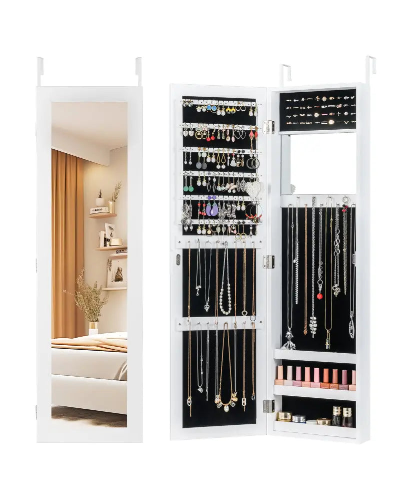 Full Length Mirror Jewelry Cabinet with Ring Slots and Necklace Hooks-White - White - Jewelry Armoires