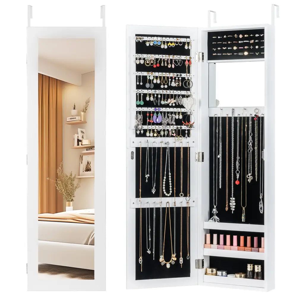 Full Length Mirror Jewelry Cabinet with Ring Slots and Necklace Hooks-White - White - Jewelry Armoires