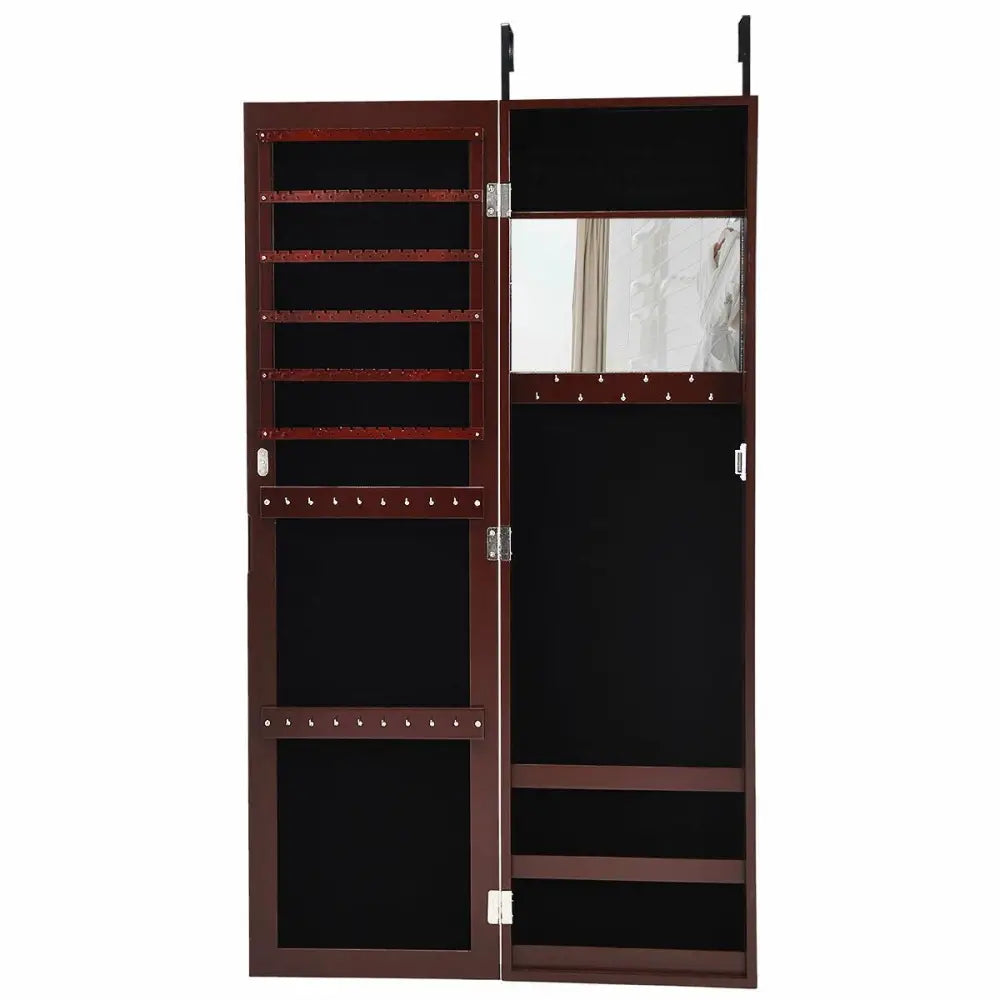 Full Length Mirror Jewelry Cabinet with Ring Slots and Necklace Hooks-Dark Brown - Dark Brown - Jewelry Armoires