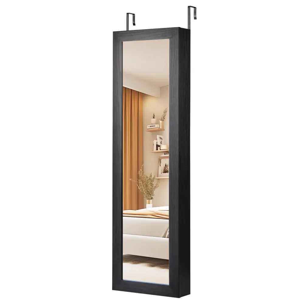 Full Length Mirror Jewelry Cabinet with Ring Slots and Necklace Hooks-Black - Black - Jewelry Armoires