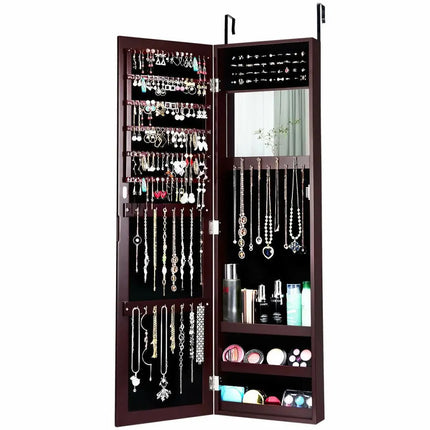 Full Length Mirror Jewelry Cabinet with Ring Slots and Necklace Hooks-Dark Brown - Dark Brown - Jewelry Armoires