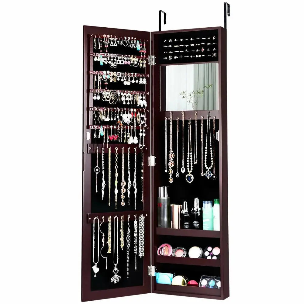 Full Length Mirror Jewelry Cabinet with Ring Slots and Necklace Hooks-Dark Brown - Dark Brown - Jewelry Armoires