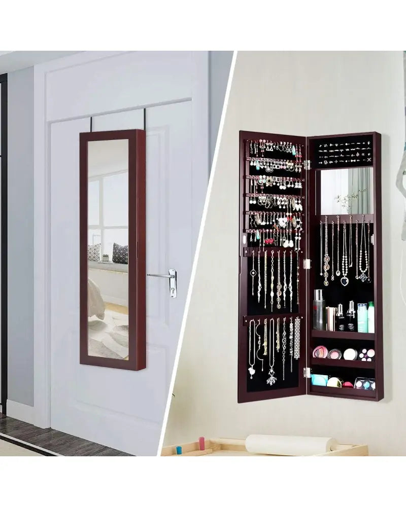 Full Length Mirror Jewelry Cabinet with Ring Slots and Necklace Hooks-Dark Brown - Dark Brown - Jewelry Armoires