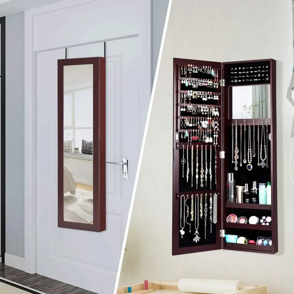 Full Length Mirror Jewelry Cabinet with Ring Slots and Necklace Hooks-Dark Brown - Dark Brown - Jewelry Armoires
