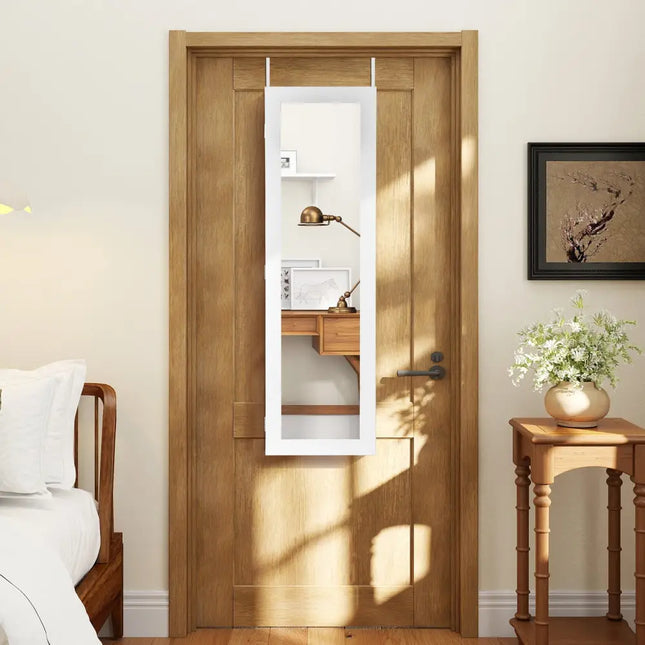 Full Length Mirror Jewelry Cabinet with Ring Slots and Necklace Hooks-White - White - Jewelry Armoires