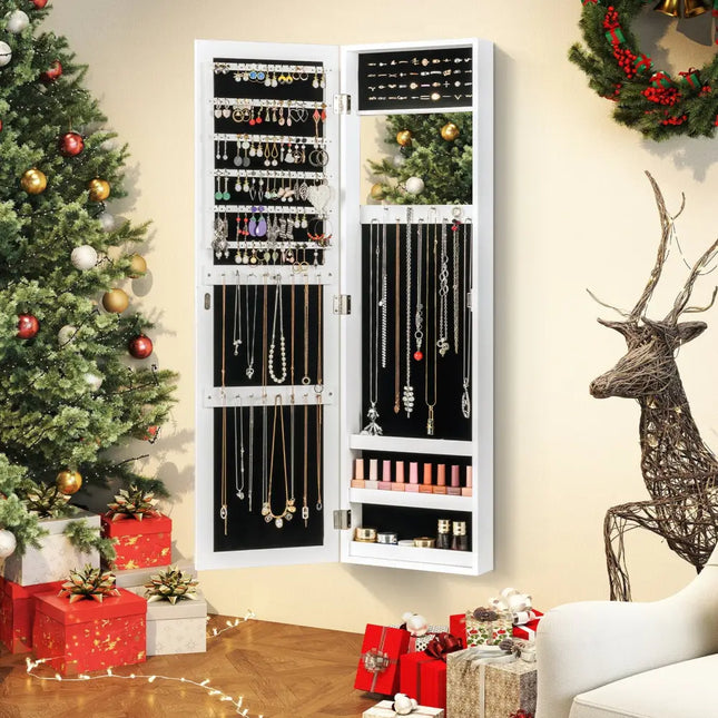 Full Length Mirror Jewelry Cabinet with Ring Slots and Necklace Hooks-White - White - Jewelry Armoires