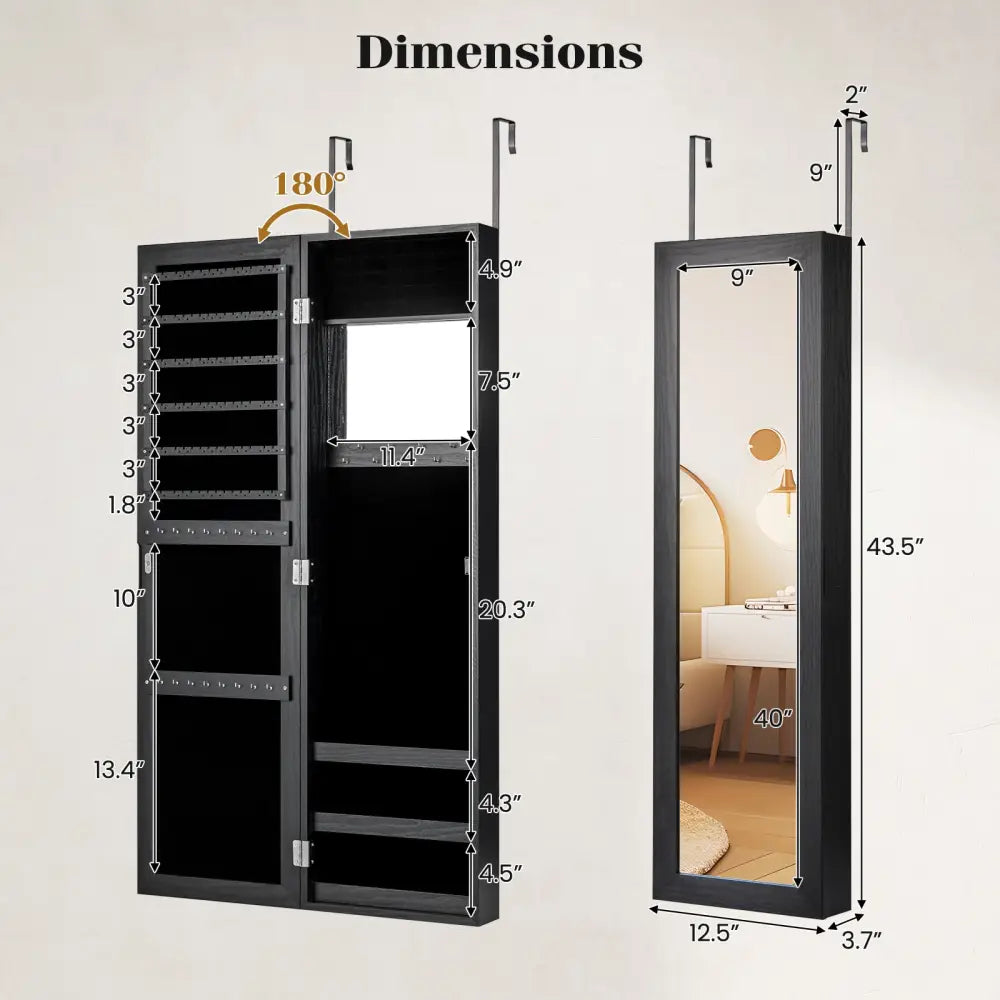 Full Length Mirror Jewelry Cabinet with Ring Slots and Necklace Hooks-Black - Black - Jewelry Armoires