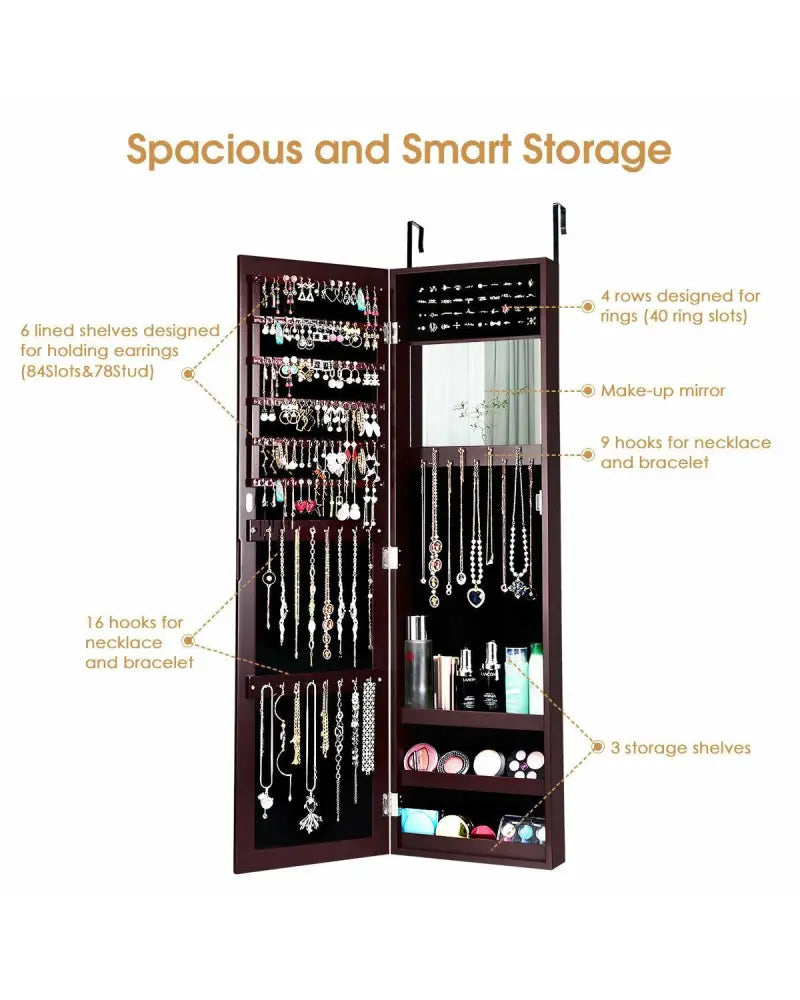 Full Length Mirror Jewelry Cabinet with Ring Slots and Necklace Hooks-Dark Brown - Dark Brown - Jewelry Armoires