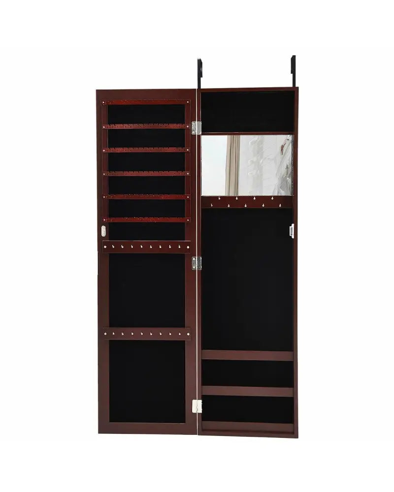 Full Length Mirror Jewelry Cabinet with Ring Slots and Necklace Hooks-Dark Brown - Dark Brown - Jewelry Armoires