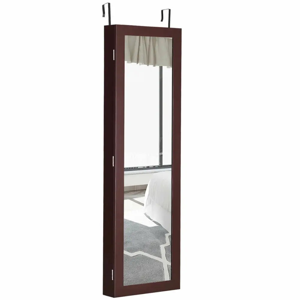 Full Length Mirror Jewelry Cabinet with Ring Slots and Necklace Hooks-Dark Brown - Dark Brown - Jewelry Armoires