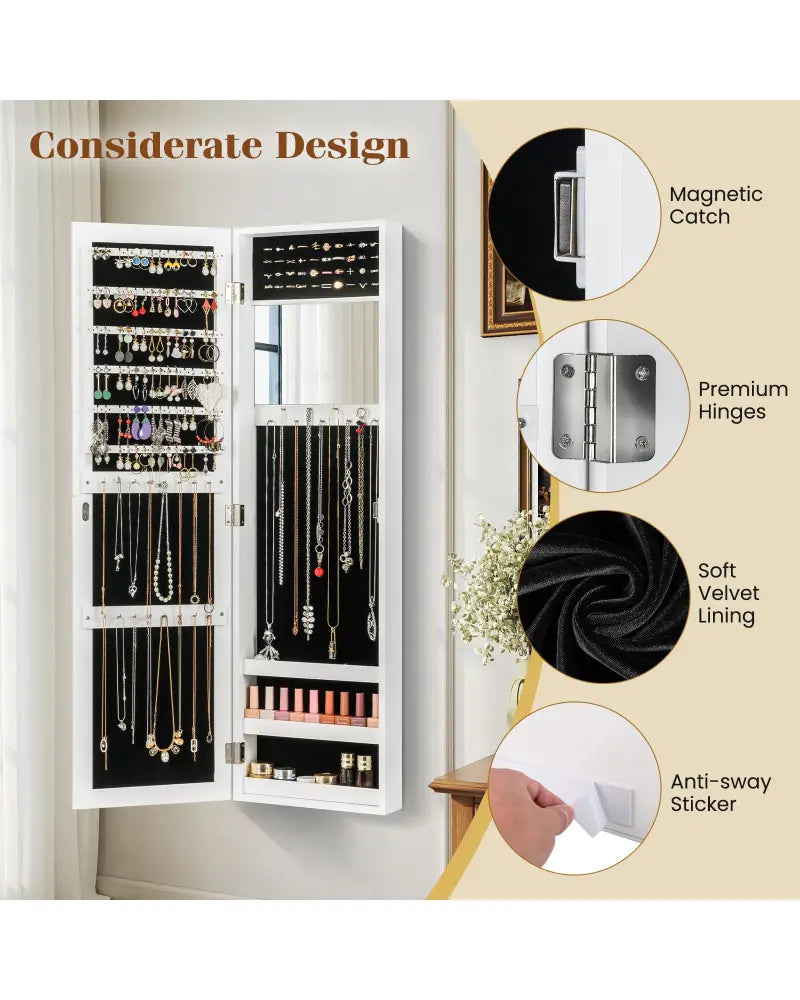 Full Length Mirror Jewelry Cabinet with Ring Slots and Necklace Hooks-White - White - Jewelry Armoires